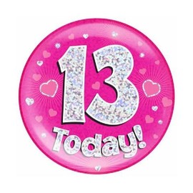 Age 13 Birthday Badge Pink And Silver Stars And Hearts Holographic Recyclable 13th Birthday Party Badge OTP