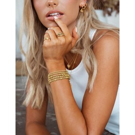 Gold Beaded Bracelet for Women, 14K Gold Plated Strand Stretch Bracelet Stack, Elastic Bead Bracelet Set