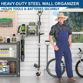 Pugala Universal Storage Rack for Leaf Blower, Weed Eater, and Power Tools – Adjustable Wall Mount Organizer with Heavy-Duty Steel, Powder-Coated Finish, and Battery Storage – Black