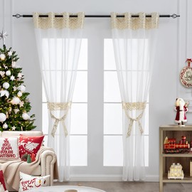 L.Z.E Curtains Gold White for Living Room Curtains with Eyelets 260 cm Extra Long Set of 2 Dining Room Curtain Gold White Transparent Modern Eyelet Curtain Sheer Net Curtains 140 x 260 cm Long