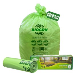 BIOGRN 50-55 Gallon Compostable Trash Bags, 12 Count, 1.57 Mil Heavy Duty Flat Top Large Trash Bags for Lawn, Leaf, Yard Waste & Outdoor Garden Cleanup, ASTM D6400 BPI & OK Compost HOME Certified