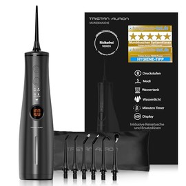 Tristan Auron Oral Irrigator - 6 Replacement Nozzles and Travel Bag, 5 Modes, 8 Pressure Levels Including Shoot Mode, 300 ml Tank, LCD Display, USB-C Quick Charge, IPX7 - ProJet Water Flosser