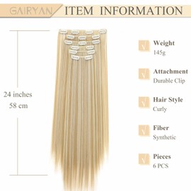 Gairyan 58 cm Clip-In Extensions, Straight, Long, 6 Pieces, Synthetic Hair Extensions, Clip-In Hairpiece, Hair Extensions, Straight for Women, Natural Blonde & Bleach Blonde