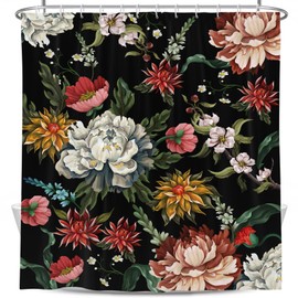 Coxila Floral Shower Curtain Boho Plant Watercolor Flowers Spring Colorful Black Dark Vintage Cute Art Decorative Blossom Shower Bathroom 72x84 Inch Polyester Fabric Waterproof 12 Pack Hooks