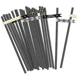 Threetols 24PCS Happy New Year Paper Straw for 2024 New Year Eve Party Supplies, Star Stripe Charms Black White Striped Straws Beverage Straws Drinking Disposable Paper Straw for New Years Party Favor