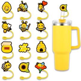 12PCS Bee Straws Cover Cap Silicone for Tumbler Cup Birthday Party Supplies Favors Decorations, 10mm Drinking Straws Topper Hat for Reusable Straws Animals Tips Lids