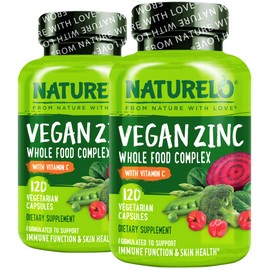 NATURELO Vegan Zinc Immune Support Capsules - Whole Food Complex with Vitamin C for Healthy Skin, Hair, and Nails - 120 Capsules (Pack of 2)