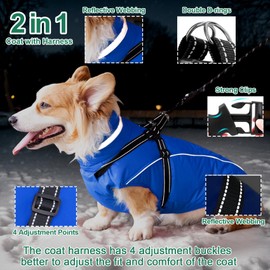 Fragralley Waterproof Dog Coat with Built-in Harness, Fleece Lined Warm Puffer Jacket, Adjustable Reflective Windproof Parka for Small Medium Large Dogs