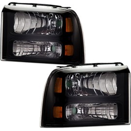 GRAND ORANGE Headlights Assembly Compatible with 2005-2007 Ford F250 F350 F450 F550 Super Duty/Fit 2005 Ford Excursion Headlamp Driver & Passenger Side Clear lens Black Houing Amber Reflector