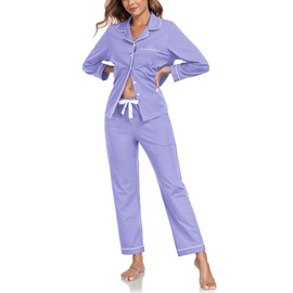 COLORFULLEAF Women's 100% Cotton Long Sleeve Pajama Sets Button Down Notched Collar Sleepwear Soft Lounge Pjs with Pockets (Lavender,2XL)