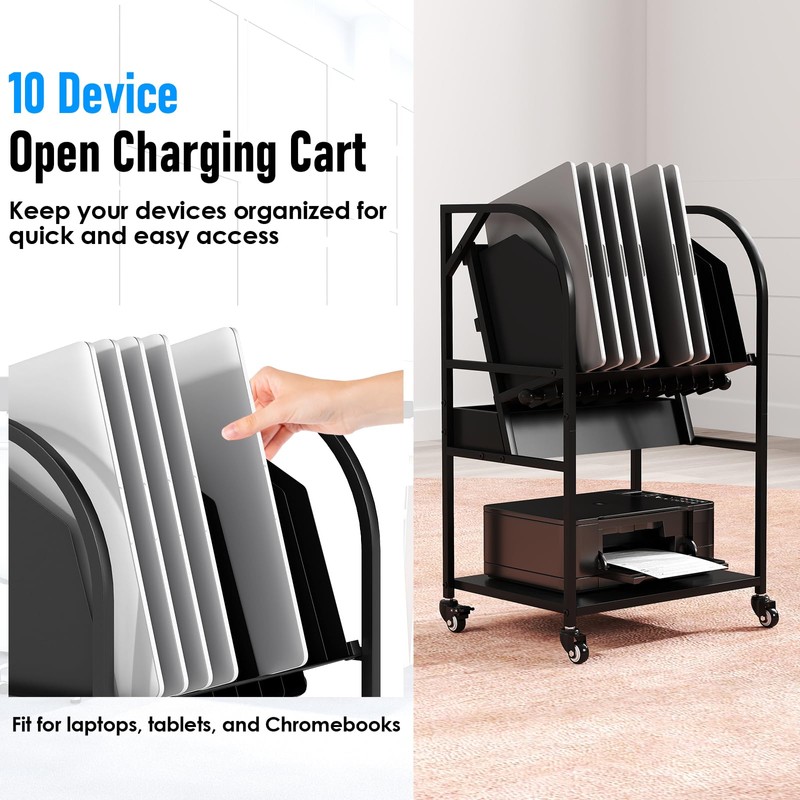 Gtouse 2 Tier Open Laptop Charging Cart with Wheels, 10