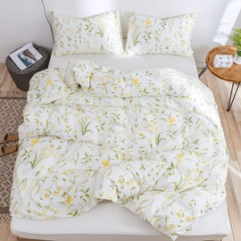 Tabeskly Yellow Green Floral flower Soft Zipper Bed Bedding Duvet Cover Set Double White 200×200cm