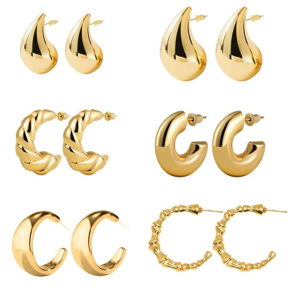 Relipop 6 Pairs Gold Hoop Earrings for Women, Lightweight Chunky