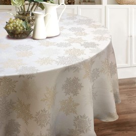 CAIT CHAPMAN HOME COLLECTION Holiday Silver Gold Snowflakes Metallic Jacquard Woven Tablecloth (70" Round Tablecloth)
