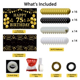 Trgowaul 75th Birthday Decorations Men Women - Black Gold Happy 75th Birthday Backdrop Banner, 2 Pcs Birthday Tablecloth, 60 Pcs Latex Confetti Balloons, 75 Years Old Bday Party Supplies Gifts Ideas