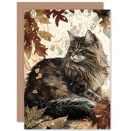 Artery8 Maine Coon Cat in Autumn Leaves Modern Watercolour Ink Illustration Art Birthday Sealed Greeting Card Plus Envelope Blank inside