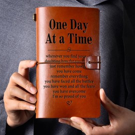 NGAEAK Sobriety Gift, Inspirational Gifts for Women Men Leather Journal Notebook, Graduation Gifts for Him Her One Day at a Time Quote Engraved Leather Travel Journal
