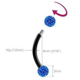 2pc 16g 1.2mm Black Curved J-Curve Barbell 8mm Crystal Ring Cartilage Bar Rook Daith Eyebrow Helix Ferido Sapphire
