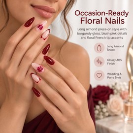 Long Almond Press-On False Nails, Burgundy Floral French Tip Design