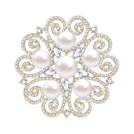 KristLand Flower Brooch Retro Art Deco Gold Tone Flower Outfits Brooch with Sparkling Crystal Pearl Wedding Party Bridal Birthday Chest Pin Corsage Gift for Women Ladies, Crystal