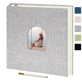 Vienrose 9.84x9.06 Inch Self-Adhesive Photo Album Linen Cover Arch Window Scrapbook Album 60 Pages Blank Inner Page Memory Book with A Metallic Pen, Gray