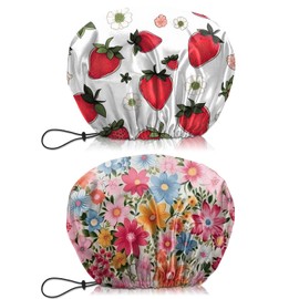 BHAHB 2 PCS Shower Cap Waterproof Double Layer Elastic Adjustable Reusable Hair Bath Caps for Girls Women Cute Aesthetic (G15-Strawberry Flower)