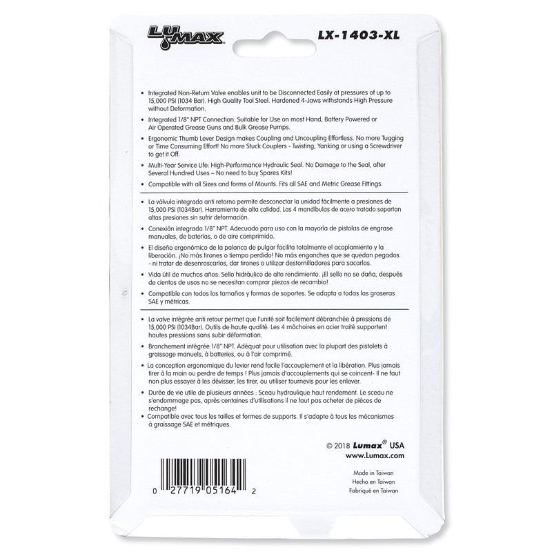 LUMAX LX-1403-XL Heavy-Duty Quick Release Grease Coupler, XL, 1/8" NPT.