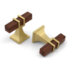 Haliwu 10 Pack Wood Grain and Gold Cabinet Knobs, 2 Tone T-bar Square Drawer Knobs, Brushed Brass Handles Single Hole Solid Dresser Pulls