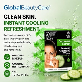 Global Beauty Care Cucumber Makeup Remover Wipes with Vitamins A C E For Cooling Skin Support - Facial Cleansing Towelettes Remove Waterproof Mascara,