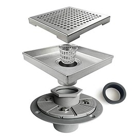 Neodrain 6-Inch Square Shower Drain with Removable Quadrato Pattern Grate,PVC Shower Drain Base and Rubber Gasket for Bathroom Floor Drain, Brushed 304 Stainless Steel, Includes Hair Strainer