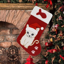 ETERAMUS Cat Christmas Stocking Single, 20 inch Large Animal Felt Embroidered Cat Christmas Stockings, 3D Cute Cat Xmas Stockings with Pet Paw, Fish and Plush Cuff for Kitty Xmas Decorations…