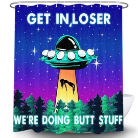 MERCHR Funny UFO Shower Curtain for Bathroom, Unique Fun Alien Blue Purple Space Starry Sky Forest Fabric Shower Curtains Set, Weird Restroom Decor Accessories with Hooks 72X84 Inch