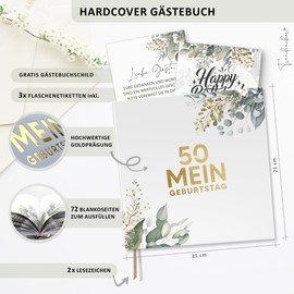 My 50th Birthday Guest Book with Wine Labels - Memory Book Eucalyptus Look Gift for Family & Friends to Fill in No Questions - Blank Hardcover 72 Pages (50 My Birthday, 21 x 21 cm)