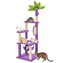 TSCOMON 55" Cat Tree for with Green Leaves, Multi-Level Large Cat Tower with Hammock, Plush Cat House with Hang Ball Toy and Sisal Scratching Posts Furniture, Deep Purple