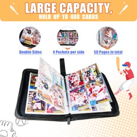 Baseball Gifts Cards Binder with Sleeves - 4 Pocket, Double Sided, 50 Removable Sleeves, Collectible 400 Cards - Zip Trading Card Collection/Collector Albums/Folder for MTG, TCG, Sport Cards