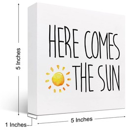 z-crange Summer Desk Decor,Here Comes The Sun Inspirational Wood Box Sign Decor Desk Sign,Farmhouse Rustic Sunshine Wooden Box Block Sign for Home Office Shelf Table Decor Decorations