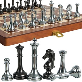 ELONGDI Metal Chess Set for Adults and Kids - 12 Inch Wooden Folding Chess Board and Metal Pieces, Travel Portable Chess Set - Extra Queens & 2.5" King, Ideal Gift for Chess Enthusiasts & Beginner