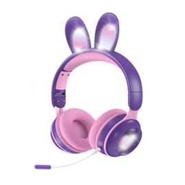 Yunseity Kids Headphones, Bluetooth 5.0 Headphones with Rabbit Ear, Over Ear LED Light Foldable Wireless Headset, Support TF/AUX, Gifts for Kids, Toddlers, Teens(Purple)