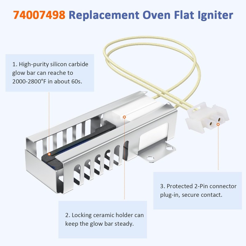 74007498 Oven Igniter - Direct Replacement for Whirlpool MGR4452BDW MGR4451BDW