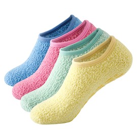 SKOLA Women Super Soft Non-Slip Slipper Socks Fluffy Microfiber Grip Socks Home Sleeping Fuzzy Cozy Sock 4Pairs(Yellow/Green/Rose-Red/Blue 4 Pairs)