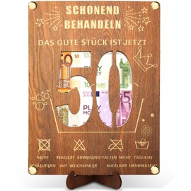 50th Birthday Money Gifts Wooden Birthday 20 x 15 cm with Stand and Greeting Card, 50th Birthday Money Gifts Packaging, Funny Gifts for 50th Birthday Man Woman