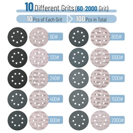 Bates- Sanding Discs, 5 Inch 8 Hole Sanding Discs, 100 Pack, Grits 60 120 240 400 600 800 1000 1200 1500 2000, Sanding Pads, Hook and Loop Sanding Disc, Round Sandpaper Discs, 5 inch Sanding