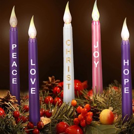 5 Pcs LED Flameless Advent Candle Set Christmas Advent Candles with Words Hope Peace Love Joy Christ Purple Pink White Taper Candles for Church Advent Wreath Rituals, 10 Inch (Simple with Words)