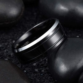King Will Classic Men 8mm Black Tungsten Carbide Rings Polished Beveled Edge Double Groove Wedding Bands 7.5