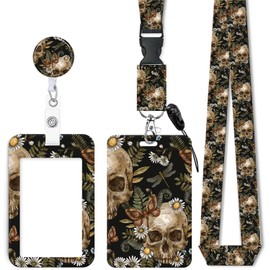 ID Badge Holder with Retractable Lanyard, Badge Holders Reel with 360 Degrees Rotate Carabiner Clip for Women, Teachers, Nurses, Doctor,Students, Office(Vintage Skull Floral Butterfly Leaf)