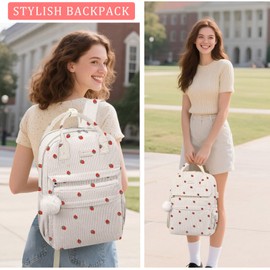 School Backpack for Girls Laptop Bookbag: Casual Corduroy Women Backpacks with USB Charging Port TSA Friendly Travel Back Pack with Anti-Theft Pockets Cute College Daypack for Teen Students Strawberry