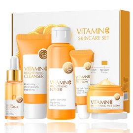 Vitamin C Skincare Set 5-in-1 Gift with Cleanser Toner Face Serum Cream Eye Cream Products for Teen Girls Long-Lasting Moisturizing for Women Men / 비타민 C 스킨케어 세트 클렌저 토너 페이스 세럼 크림 아이 크림이 포함된 5-in-1 선물 틴 걸을 위한 제품 여성 남성을 오래 지속되는 보습