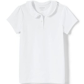 Lands' End School Uniform Girls Short Sleeve Ruffle Collar Knit Peter Pan White Kids X-Large