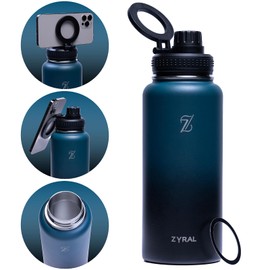 ZYRAL Insulated 32Oz/950ml Water Bottle with Magnetic Phone Holder. Premium Double Walled Stainless Steel Vacuum Flask Leakproof Spout Lid. Keeps Drink Hot 24hr & Cold 36hr, Gym, Sport & School