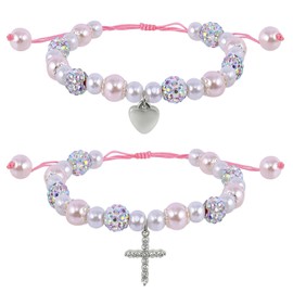 2Pcs Pearl and Rhinestone First Communion Bracelets, Heart Cross Rosary Bead Bracelets, Holy Baptism Gift Charm Bracelets, First Communion Confirmation Pearl Gift for Girls Baby's Christening